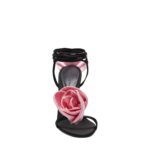 MAGDA BUTRYM DOUBLE PINK FLOWER HEEL SANDALS IN BLACK SATIN