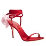 MAGDA BUTRYM DOUBLE PINK FLOWER HEEL SANDALS IN RED SATIN