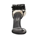 MAGDA BUTRYM IVORY FLOWER WRAP AROUND BLACK SATIN HEEL SANDALS WITH STRASS