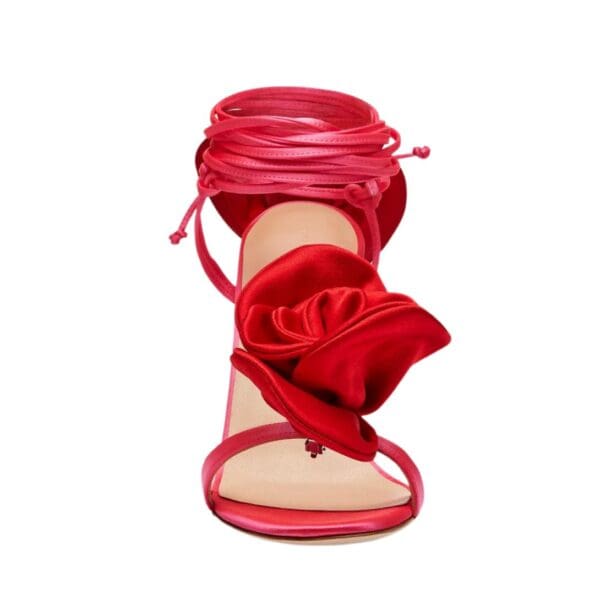 MAGDA BUTRYM DOUBLE RED FLOWER HEEL SANDALS IN FUCHSIA SATIN