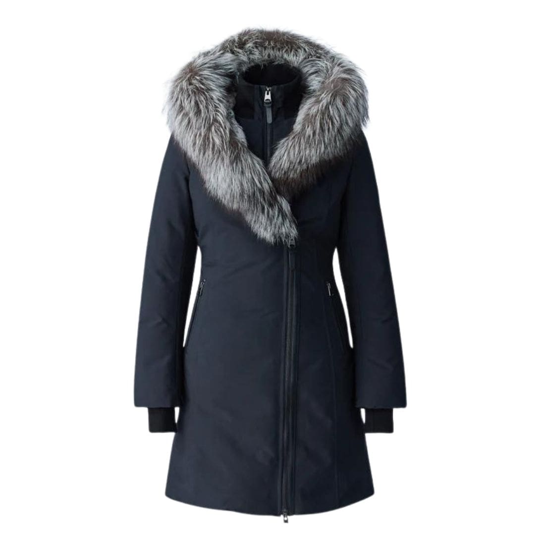 MACKAGE TRISH POWDER TOUCH DOWN COAT WITH SILVER FOX FUR SIGNATURE MACKAGE COLLAR