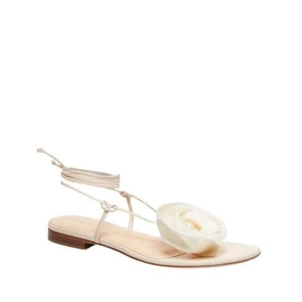 MAGDA BUTRYM WRAP AROUND FLAT FLOWER SANDALS IN CREAM SATIN