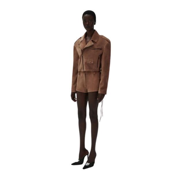 MAGDA BUTRYM CROPPED SUEDE BIKER JACKET IN BROWN