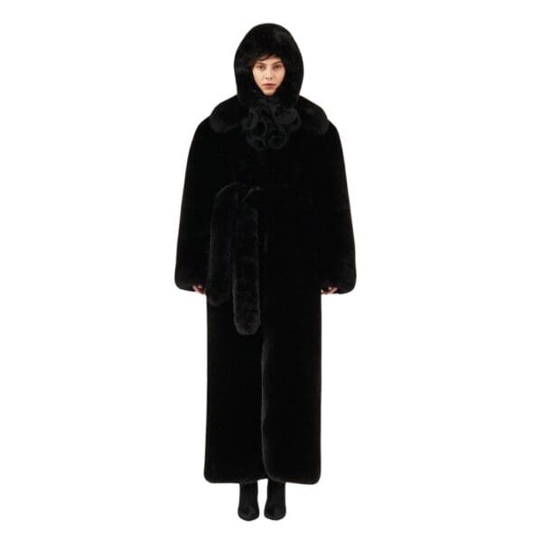 MAGDA BUTRYM LONG FAUX FUR BELTED COAT IN BLACK