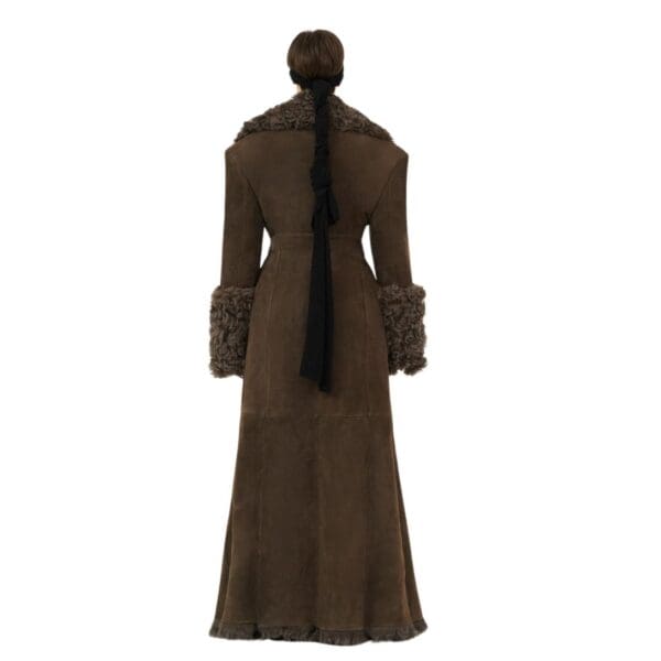 MAGDA BUTRYM LONG BELTED SUEDE SHEARLING COAT IN BROWN
