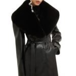 MAGDA BUTRYM LONG FAUX FUR TRIM BELTED LEATHER COAT IN BLACK