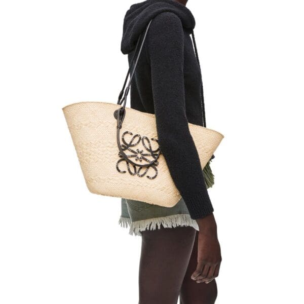 LOEWE ANAGRAM BASKET BAG IN IRACA PALM AND CALFSKIN
