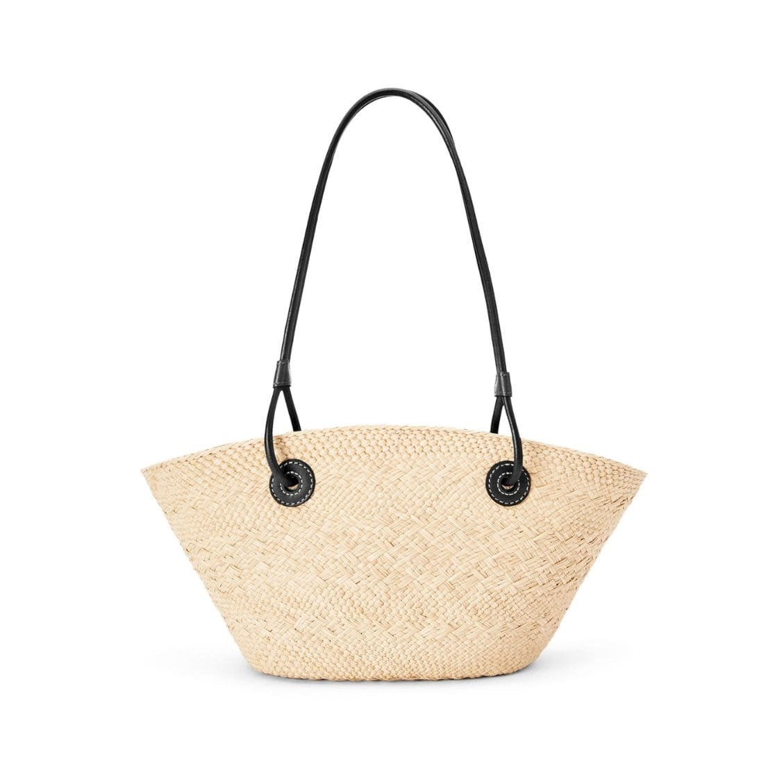LOEWE SMALL ANAGRAM BASKET BAG IN IRACA PALM AND CALFSKIN