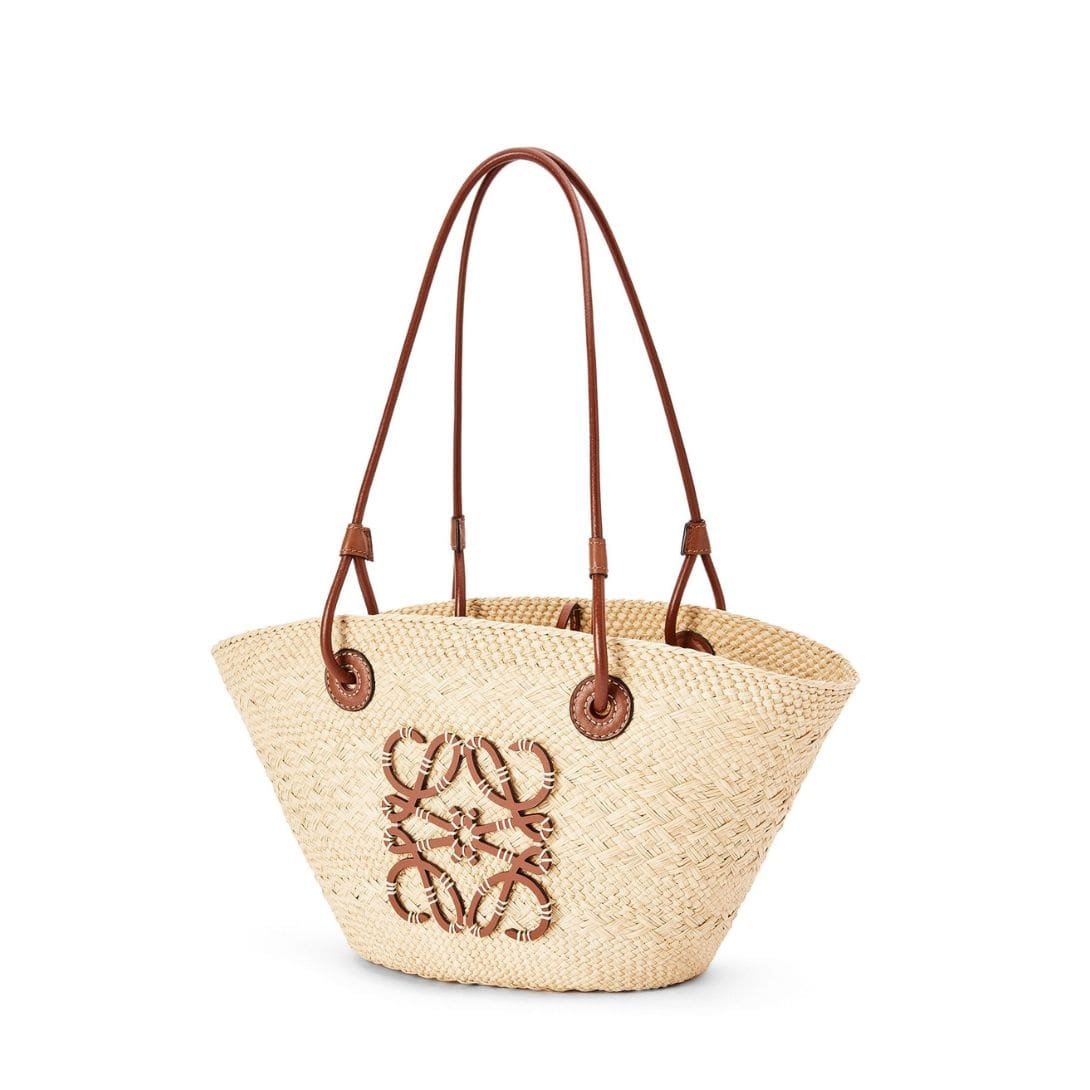 LOEWE SMALL ANAGRAM BASKET BAG IN IRACA PALM AND CALFSKIN