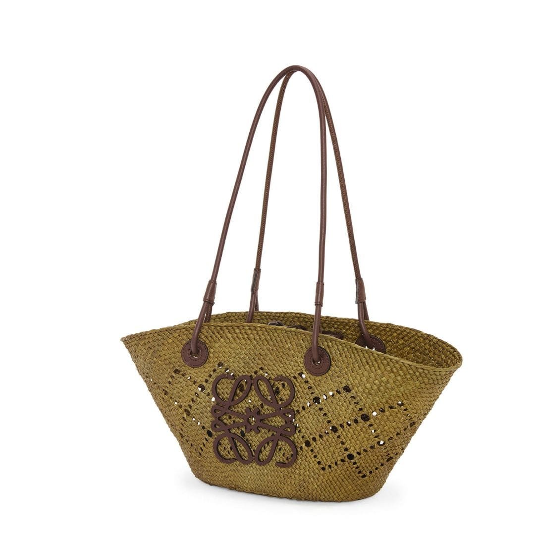 LOEWE SMALL ANAGRAM BASKET BAG IN IRACA PALM AND CALFSKIN