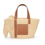 LOEWE SMALL ELEPHANT BASKET BAG IN RAFFIA AND CALFSKIN