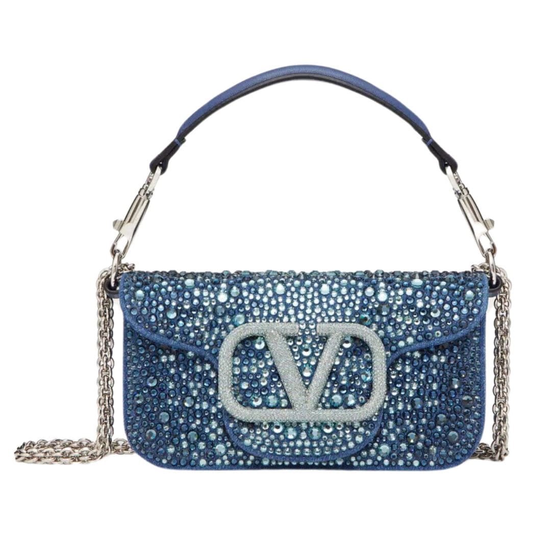 SMALL VALENTINO GARAVANI LOCÒ DENIM SHOULDER BAG WITH RHINESTONES