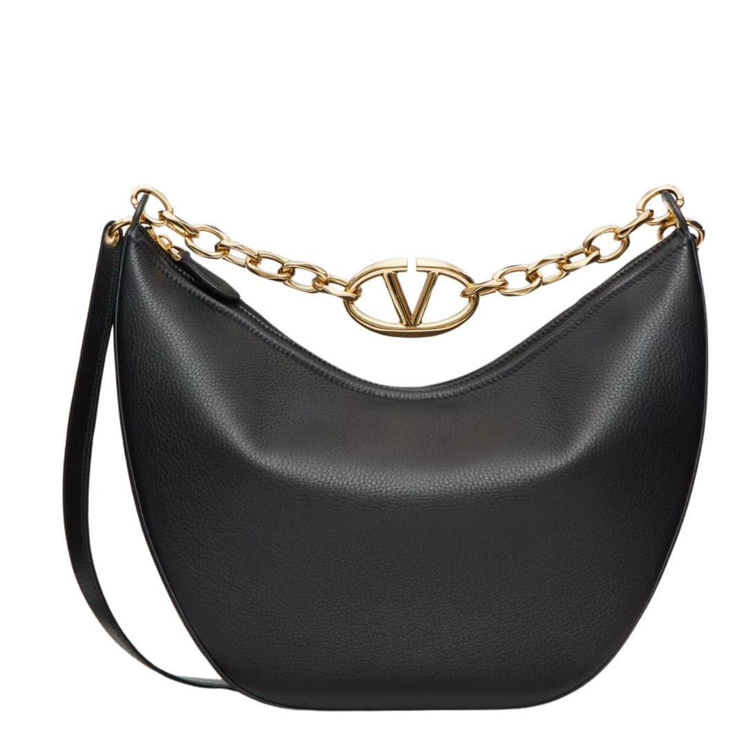 VALENTINO GARAVANI VLOGO MOON MEDIUM GRAINY CALFSKIN HOBO BAG WITH CHAIN