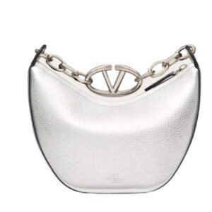 VALENTINO GARAVANI VLOGO MOON MINI HOBO BAG IN METALLIC GRAINY CALFSKIN WITH CHAIN