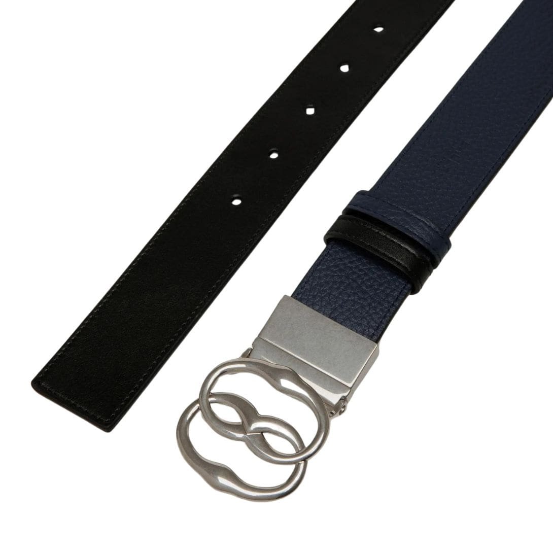 BALLY EMBLEM 35MM REVERSIBLE AND ADJUSTABLE BELT IN BLACK AND BLUE LEATHER