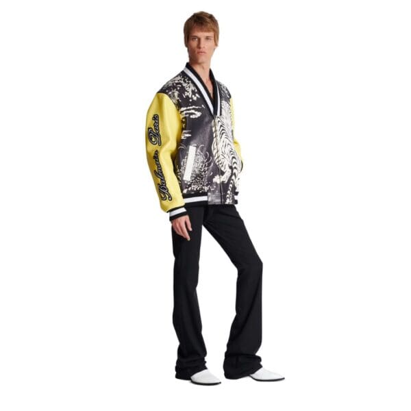  BALMAIN LEATHER VARSITY JACKET WITH TIGER PRINT