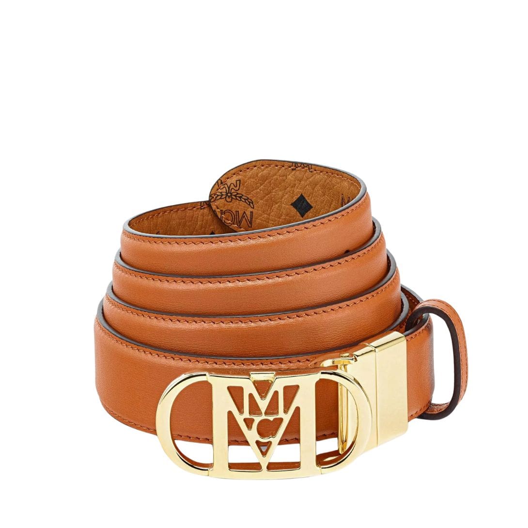 MCM MODE TRAVIA REVERSIBLE BELT 1” IN EMBOSSED LEATHER COGNAC