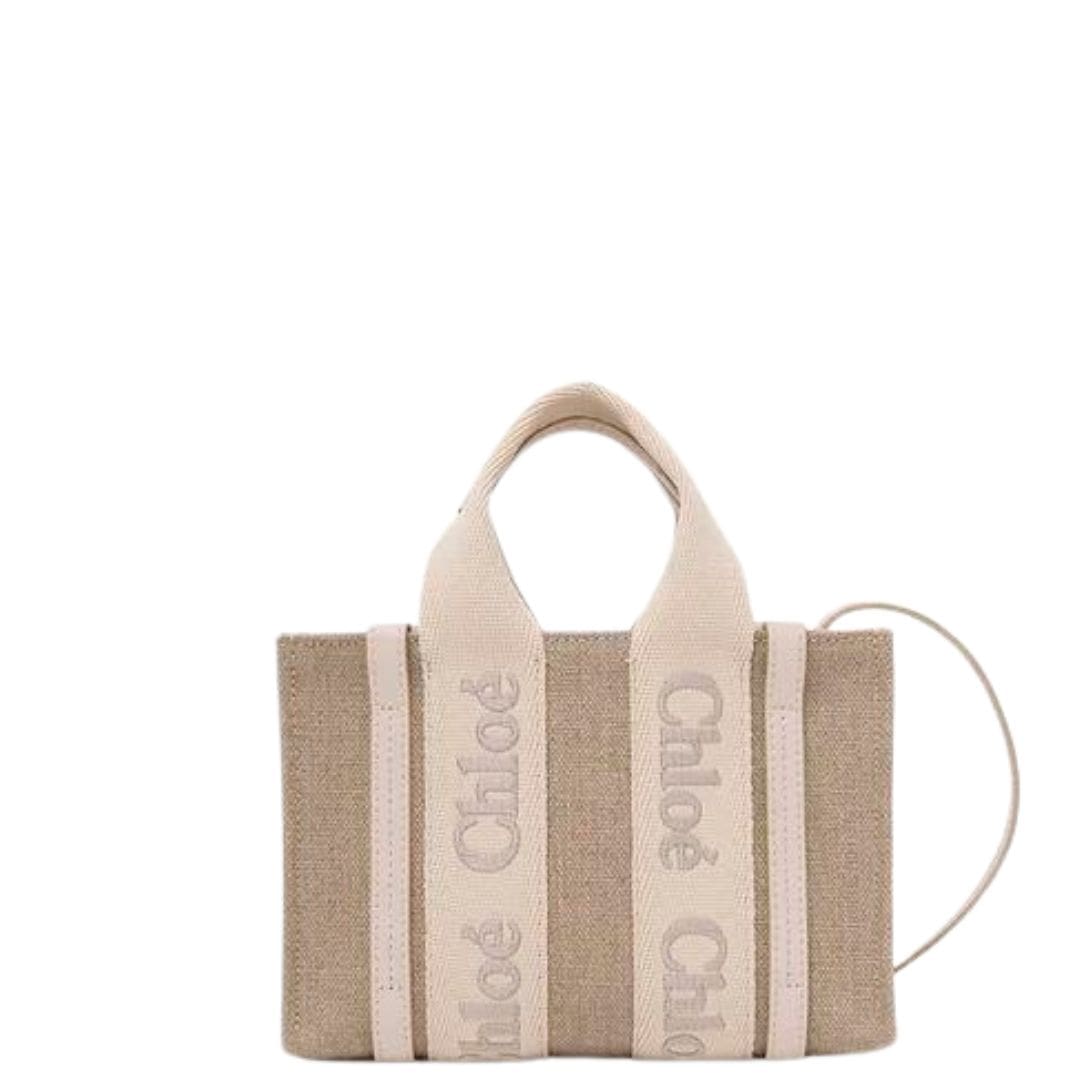 CHLOE MINI WOODY TOTE BAG IN LINEN WILD GREY