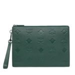 MCM AREN WRISTLET ZIP POUCH IN MAXI MONOGRAM LEATHER GREEN