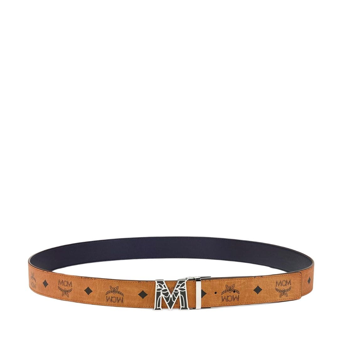 MCM CLAUS EPOXY LAUREL M REVERSIBLE BELT 1.5” IN VISETOS COGNAC/SILVER