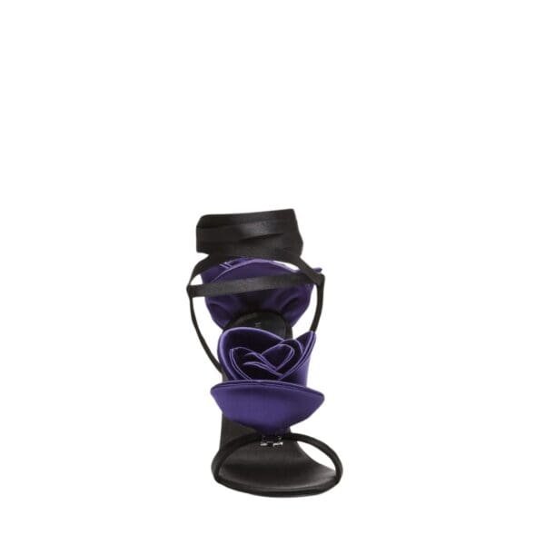 MAGDA BUTRYM DOUBLE PURPLE FLOWER HEEL SANDALS IN BLACK SATIN
