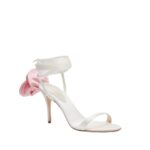 MAGDA BUTRYM PINK FLOWER WRAP AROUND CREAM SATIN HEEL SANDALS
