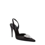 MAGDA BUTRYM HEART-EMBELLISHED SLINGBACK HEELS IN BLACK SATIN