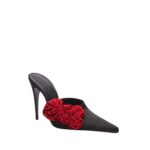 MAGDA BUTRYM RED FLOWER APPLIQUE POINTED MULES IN BLACK SATIN