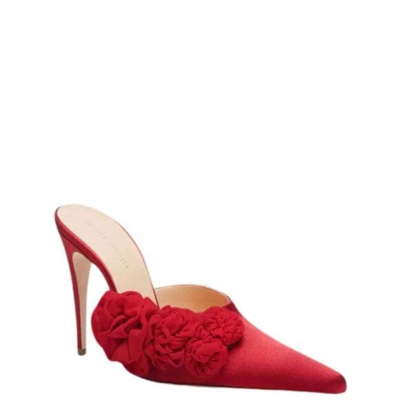 MAGDA BUTRYM RED FLOWER APPLIQUE POINTED MULES IN RED SATIN