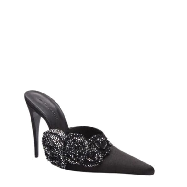 MAGDA BUTRYM CRYSTAL FLOWER APPLIQUE POINTED MUSLES IN BLACK SATIN