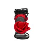 MAGDA BUTRYM DOUBLE RED FLOWER HEEL SANDALS IN BLACK SATIN