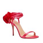MAGDA BUTRYM DOUBLE RED FLOWER HEEL SANDALS IN FUCHSIA SATIN