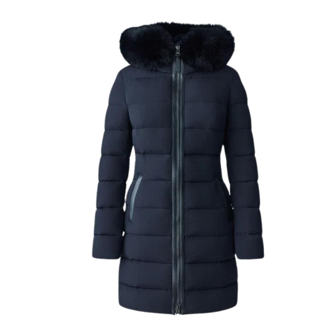 MACKAGE FCALLA AGILE-360 STRETCH LIGHT DOWN COAT WITH BLUE FOX FUR COLLAR