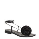 MAGDA BUTRYM WRAP AROUND FLAT FLOWER SANDALS IN BLACK SATIN