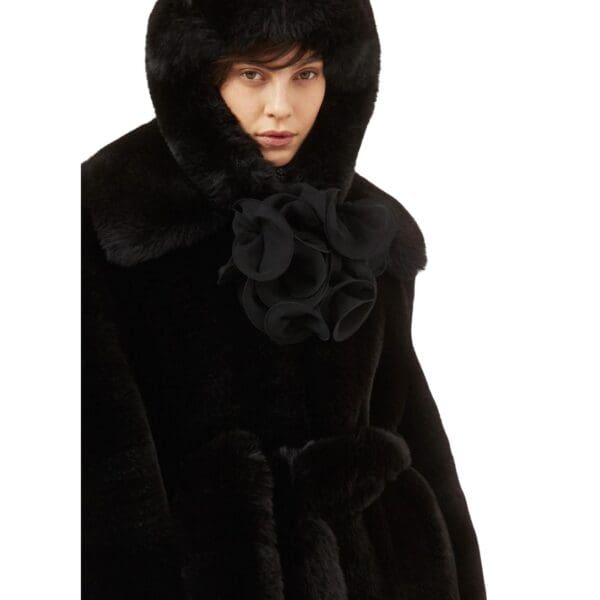 MAGDA BUTRYM LONG FAUX FUR BELTED COAT IN BLACK