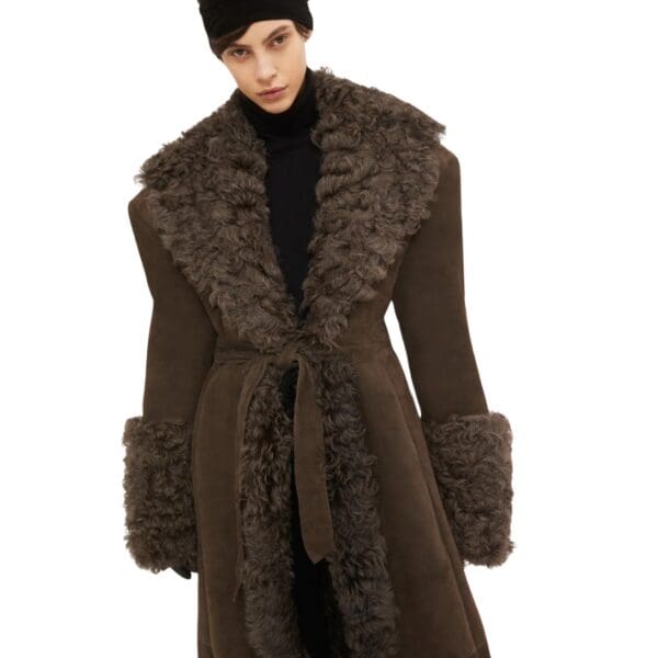 MAGDA BUTRYM LONG BELTED SUEDE SHEARLING COAT IN BROWN