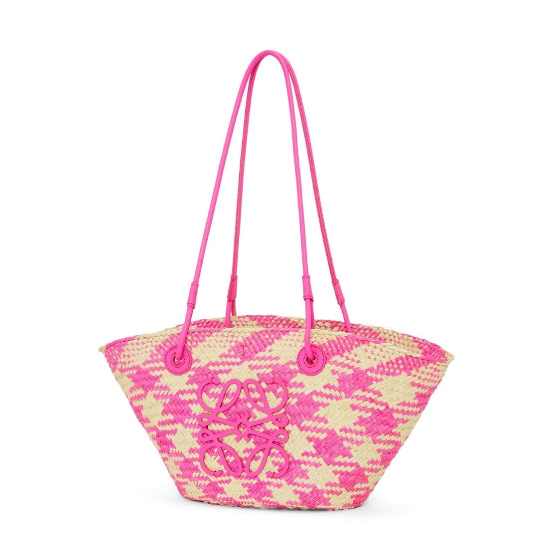 LOEWE SMALL ANAGRAM BASKET BAG IN IRACA PALM AND CALFSKIN