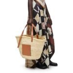LOEWE LARGE BASKET BAG IN PALM LEAF AND CALFSKIN
