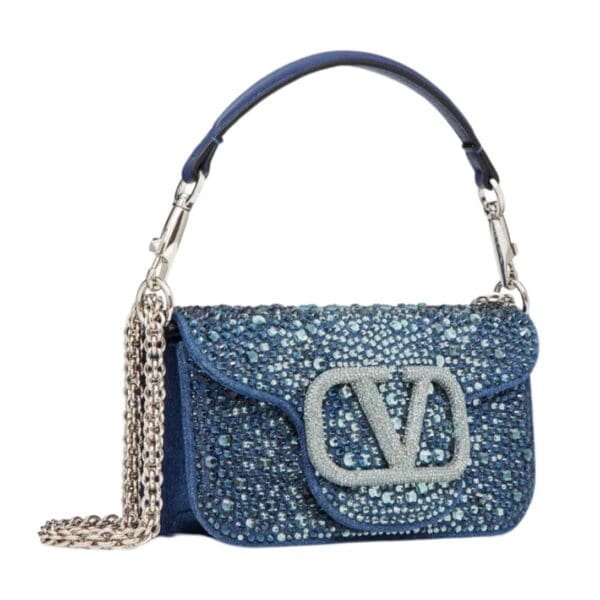 SMALL VALENTINO GARAVANI LOCÒ DENIM SHOULDER BAG WITH RHINESTONES