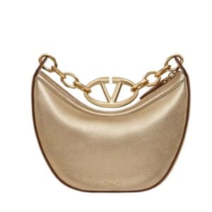 cVALENTINO GARAVANI VLOGO MOON MINI HOBO BAG IN METALLIC CALFSKIN WITH CHAIN