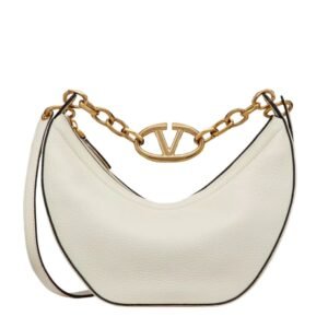 vVALENTINO GARAVANI SMALL VLOGO MOON HOBO BAG IN GRAINY CALFSKIN WITH CHAIN