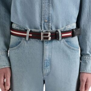 BALLY B BOLD 35MM REVERSIBLE BELT IN RED WHITE RED FABRIC AND LEATHER