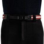BALLY TOBYN 40MM BELT IN RED,WHITE AND BLACK FABRIC AND LEATHER
