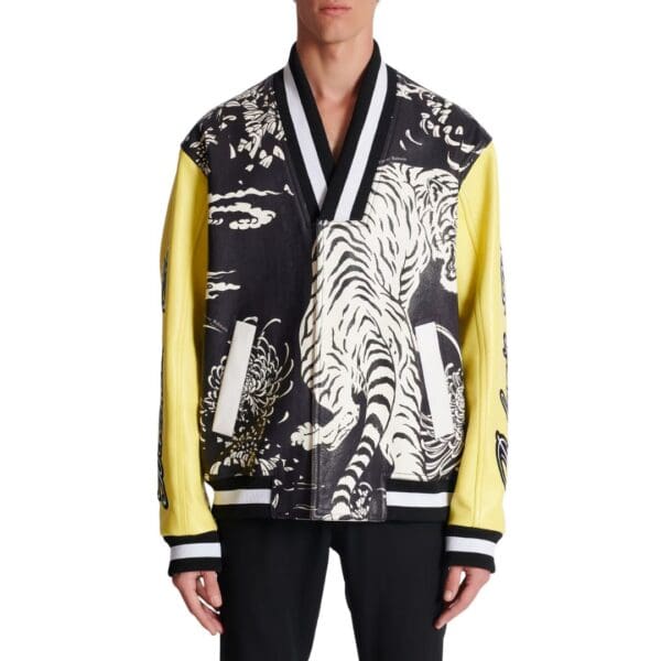  BALMAIN LEATHER VARSITY JACKET WITH TIGER PRINT