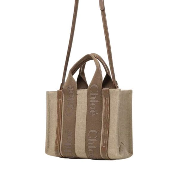 CHLOE SMALL WOODY TOTE BAG IN LINEN DARK NUT
