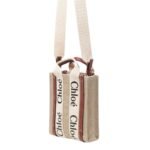 CHLOE MINI WOODY NORTH/SOUTH TOTE BAG IN LINEN WHITE & BROWN