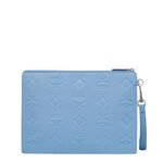 MCM AREN WRISTLET ZIP POUCH IN MAXI MONOGRAM LEATHER BLUE