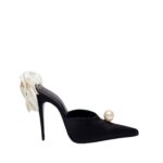MAGDA BUTRYM POINTED FLOWER MULES IN BLACK SATIN