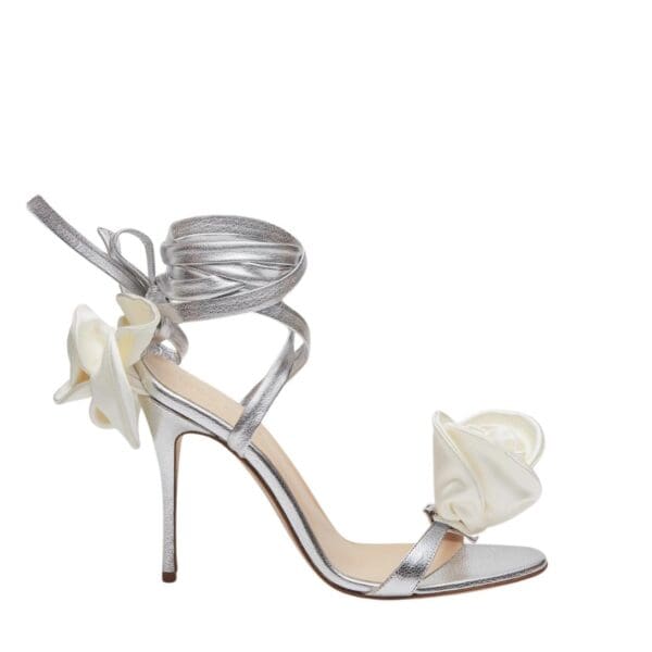 MAGDA BUTRYM DOUBLE FLOWER HEEL SANDALS IN SILVER