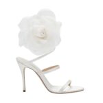MAGDA BUTRYM SPIRAL SILK-ORGANZA FLOWER HEEL SANDALS IN CREAM